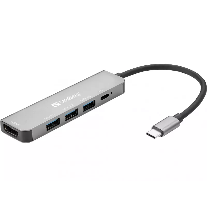 Sandberg USB-C dokas HDMI+3xUSB+PD 100W, Laidinis, USB 3.2 Gen 1 (3.1 Gen 1) Type-C, 100 W, Pilka, 4K Ultra HD, Aliuminis