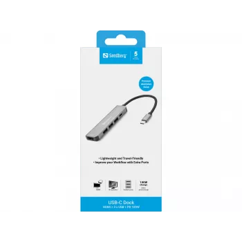 Sandberg USB-C dokas HDMI+3xUSB+PD 100W, Laidinis, USB 3.2 Gen 1 (3.1 Gen 1) Type-C, 100 W, Pilka, 4K Ultra HD, Aliuminis
