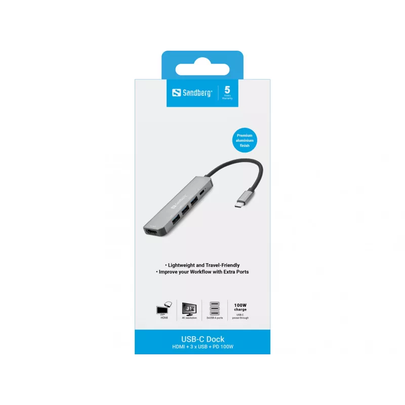 Sandberg USB-C dokas HDMI+3xUSB+PD 100W, Laidinis, USB 3.2 Gen 1 (3.1 Gen 1) Type-C, 100 W, Pilka, 4K Ultra HD, Aliuminis