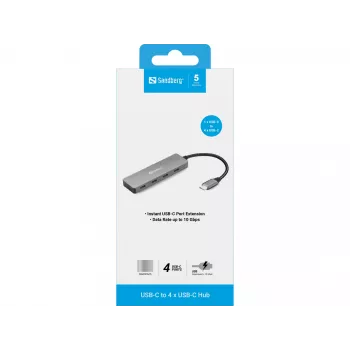 Sandberg USB-C į 4 USB-C šakotuvas, USB 3.2 Gen 1 (3.1 Gen 1) Type-C, USB 3.2 Gen 1 (3.1 Gen 1) Type-C, 10000 Mbit/s, Pilka, Aliuminis, 0,15 m