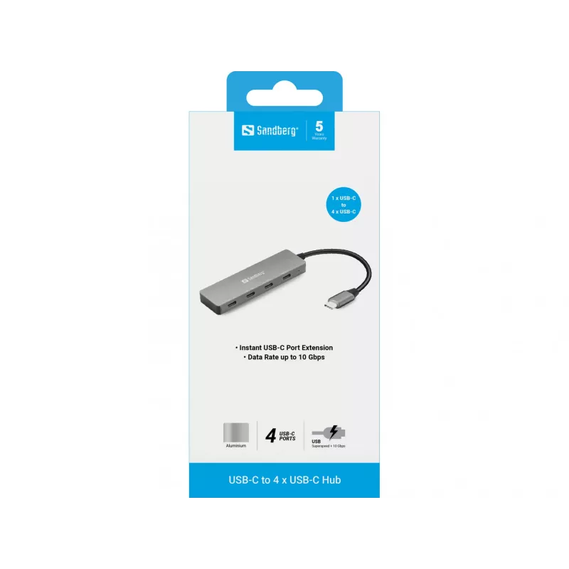 Sandberg USB-C į 4 USB-C šakotuvas, USB 3.2 Gen 1 (3.1 Gen 1) Type-C, USB 3.2 Gen 1 (3.1 Gen 1) Type-C, 10000 Mbit/s, Pilka, Aliuminis, 0,15 m