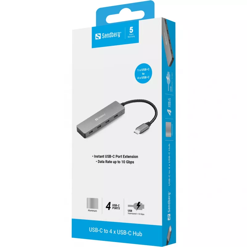 Sandberg USB-C į 4 USB-C šakotuvas, USB 3.2 Gen 1 (3.1 Gen 1) Type-C, USB 3.2 Gen 1 (3.1 Gen 1) Type-C, 10000 Mbit/s, Pilka, Aliuminis, 0,15 m