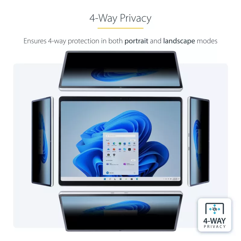 StarTech.com 4 krypčių privatumo ekranas 13 colių Surface Pro 8/9/X nešiojamajam kompiuteriui, vertikalios/gulsčios orientacijos, palaiko lietimą, +/- 30° matymo kampas, blokuoja iki 51 % mėlynos šviesos, anti-atspindžio danga