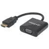 Manhattan HDMI į VGA keitiklio laidas, 1080p, 30 cm, kištukas į lizdą, „Micro-USB“ maitinimo įvesties prievadas papildomam maitinimui, jei reikia, juodas, trejų metų garantija, atitinka HD2VGAE2.