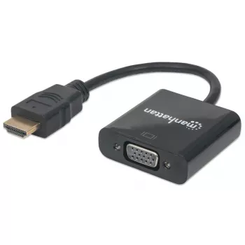 Manhattan HDMI į VGA keitiklio laidas, 1080p, 30 cm, kištukas į lizdą, „Micro-USB“ maitinimo įvesties prievadas papildomam maitinimui, jei reikia, juodas, trejų metų garantija, atitinka HD2VGAE2.