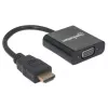 Manhattan HDMI į VGA keitiklio laidas, 1080p, 30 cm, kištukas į lizdą, „Micro-USB“ maitinimo įvesties prievadas papildomam maitinimui, jei reikia, juodas, trejų metų garantija, atitinka HD2VGAE2.