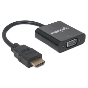 Manhattan HDMI į VGA keitiklio laidas, 1080p, 30 cm, kištukas į lizdą, „Micro-USB“ maitinimo įvesties prievadas papildomam maitinimui, jei reikia, juodas, trejų metų garantija, atitinka HD2VGAE2.