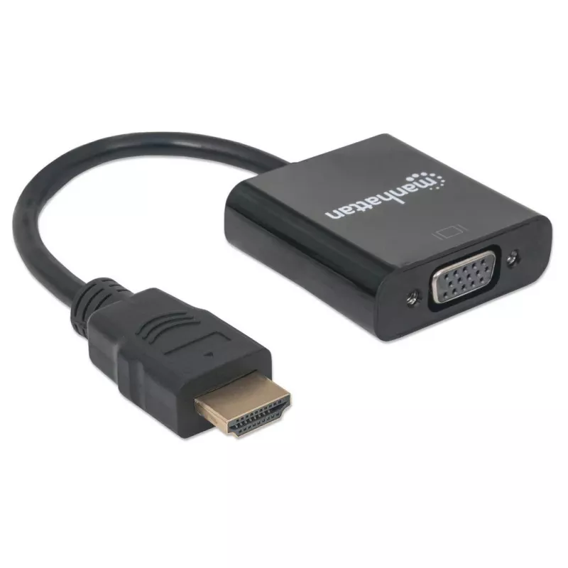 Manhattan HDMI į VGA keitiklio laidas, 1080p, 30 cm, kištukas į lizdą, „Micro-USB“ maitinimo įvesties prievadas papildomam maitinimui, jei reikia, juodas, trejų metų garantija, atitinka HD2VGAE2.