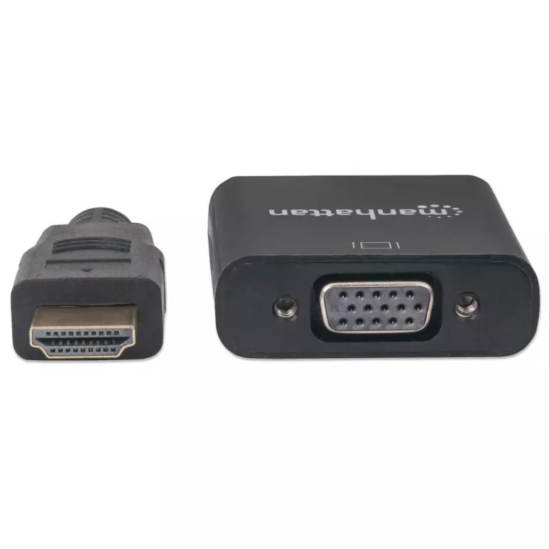 Manhattan HDMI į VGA keitiklio laidas, 1080p, 30 cm, kištukas į lizdą, „Micro-USB“ maitinimo įvesties prievadas papildomam maitinimui, jei reikia, juodas, trejų metų garantija, atitinka HD2VGAE2.
