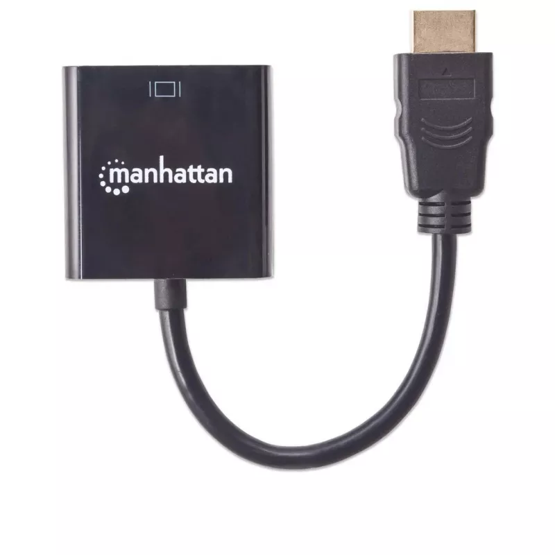 Manhattan HDMI į VGA keitiklio laidas, 1080p, 30 cm, kištukas į lizdą, „Micro-USB“ maitinimo įvesties prievadas papildomam maitinimui, jei reikia, juodas, trejų metų garantija, atitinka HD2VGAE2.