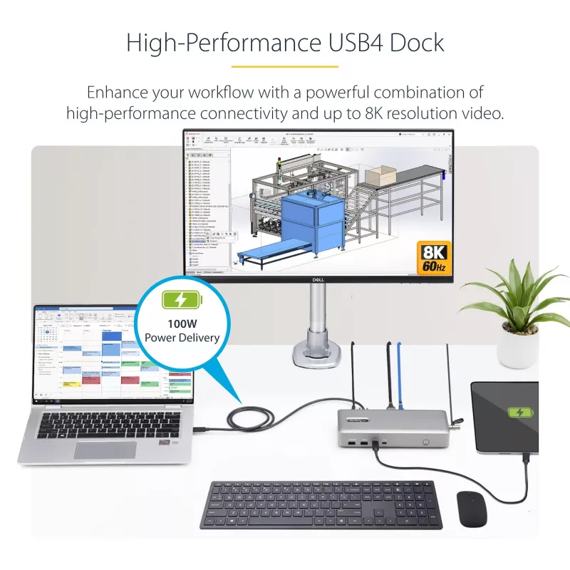 „StarTech.com“ dviejų monitorių USB4 prijungimo stotelė, dviguba 4K 120 Hz arba viena 8K 60 Hz HDMI, 100 W nešiojamojo kompiuterio įkrovimas, 2,5 GbE, USB-C kelių monitorių dokas, be tvarkyklių