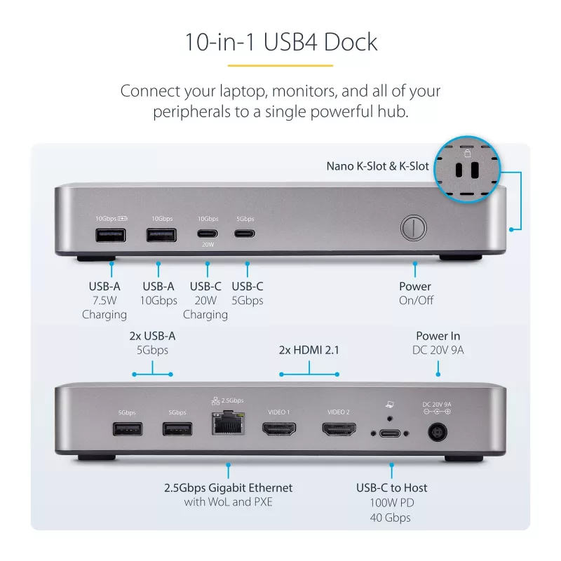„StarTech.com“ dviejų monitorių USB4 prijungimo stotelė, dviguba 4K 120 Hz arba viena 8K 60 Hz HDMI, 100 W nešiojamojo kompiuterio įkrovimas, 2,5 GbE, USB-C kelių monitorių dokas, be tvarkyklių