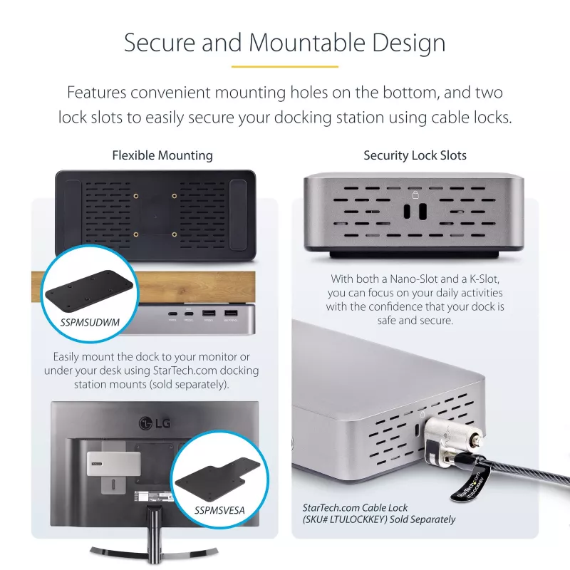 „StarTech.com“ dviejų monitorių USB4 prijungimo stotelė, dviguba 4K 120 Hz arba viena 8K 60 Hz HDMI, 100 W nešiojamojo kompiuterio įkrovimas, 2,5 GbE, USB-C kelių monitorių dokas, be tvarkyklių