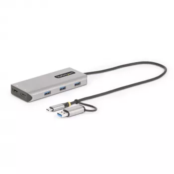StarTech.com USB-C daugiafunkcis adapteris su prijungtu USB-C į USB-A keitikliu, du HDMI (4K30Hz/1080p60Hz), 3x USB-A 5Gbps, mini kelionių dokas, nešiojamojo kompiuterio prijungimo stotelė, 1,3 pėdos / 40 cm laidas