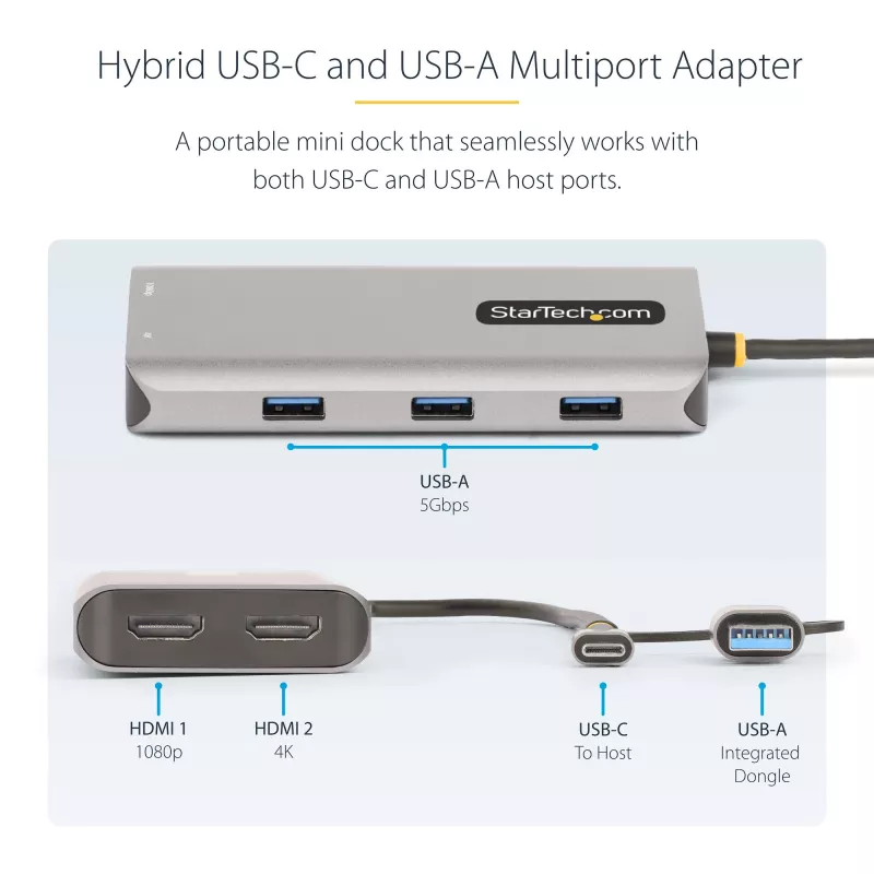 StarTech.com USB-C daugiafunkcis adapteris su prijungtu USB-C į USB-A keitikliu, du HDMI (4K30Hz/1080p60Hz), 3x USB-A 5Gbps, mini kelionių dokas, nešiojamojo kompiuterio prijungimo stotelė, 1,3 pėdos / 40 cm laidas