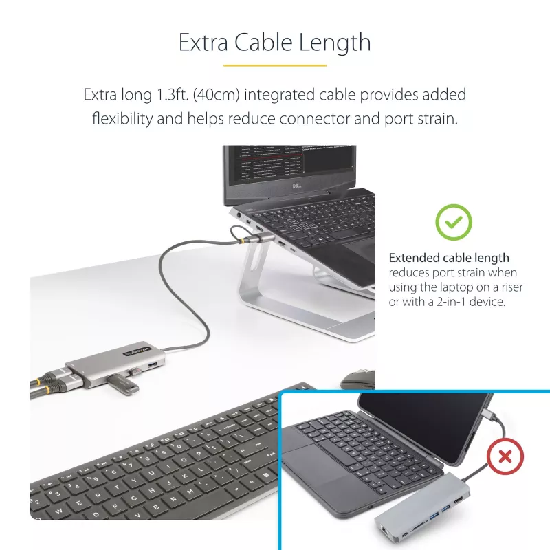 StarTech.com USB-C daugiafunkcis adapteris su prijungtu USB-C į USB-A keitikliu, du HDMI (4K30Hz/1080p60Hz), 3x USB-A 5Gbps, mini kelionių dokas, nešiojamojo kompiuterio prijungimo stotelė, 1,3 pėdos / 40 cm laidas