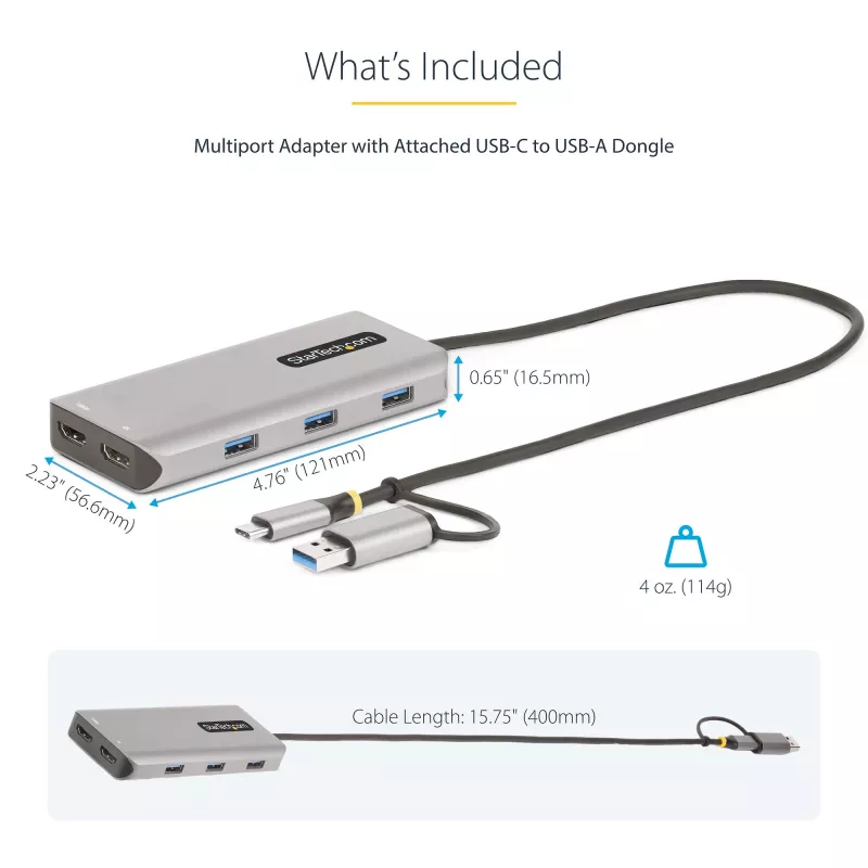 StarTech.com USB-C daugiafunkcis adapteris su prijungtu USB-C į USB-A keitikliu, du HDMI (4K30Hz/1080p60Hz), 3x USB-A 5Gbps, mini kelionių dokas, nešiojamojo kompiuterio prijungimo stotelė, 1,3 pėdos / 40 cm laidas