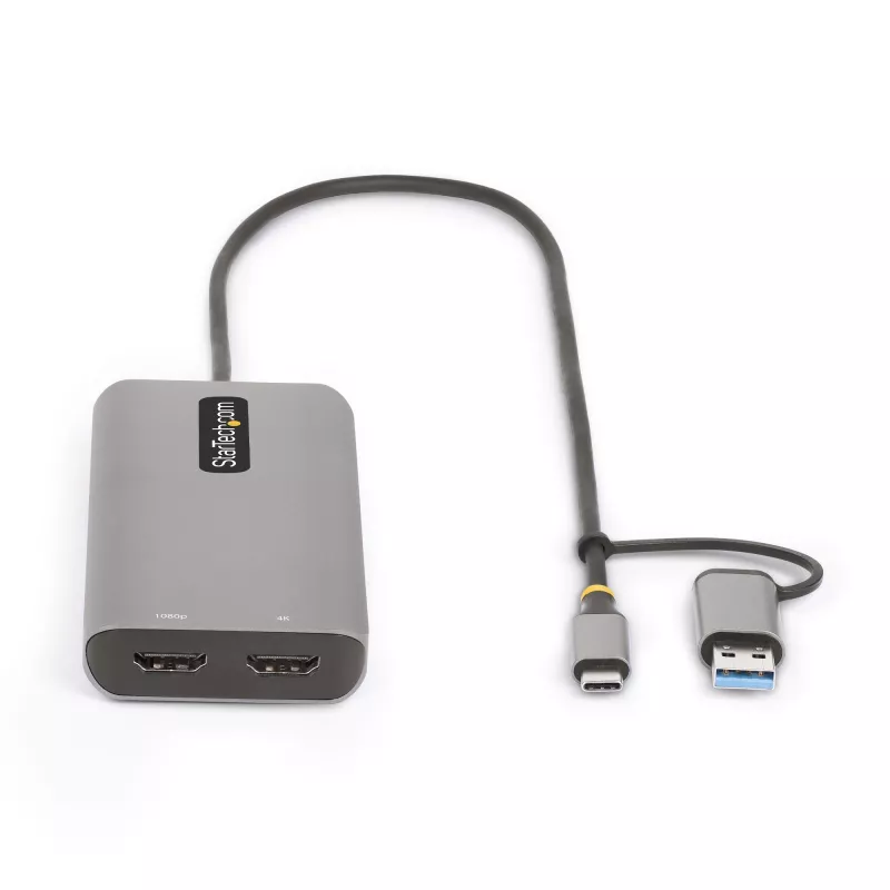 StarTech.com USB-C daugiafunkcis adapteris su prijungtu USB-C į USB-A keitikliu, du HDMI (4K30Hz/1080p60Hz), 3x USB-A 5Gbps, mini kelionių dokas, nešiojamojo kompiuterio prijungimo stotelė, 1,3 pėdos / 40 cm laidas