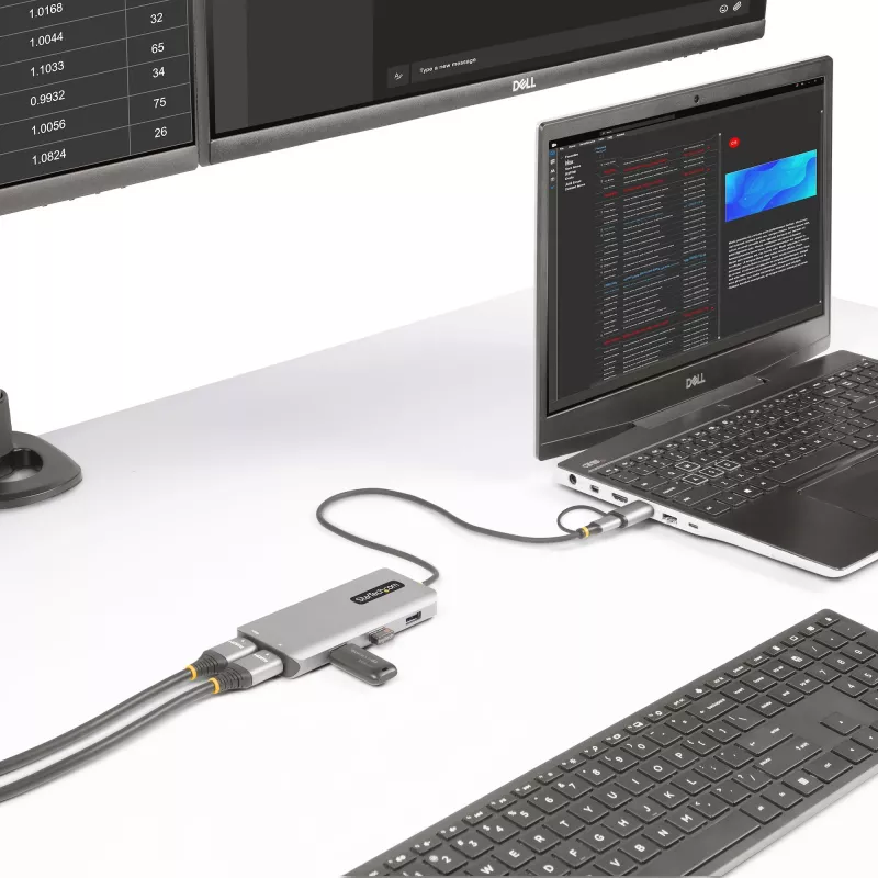 StarTech.com USB-C daugiafunkcis adapteris su prijungtu USB-C į USB-A keitikliu, du HDMI (4K30Hz/1080p60Hz), 3x USB-A 5Gbps, mini kelionių dokas, nešiojamojo kompiuterio prijungimo stotelė, 1,3 pėdos / 40 cm laidas