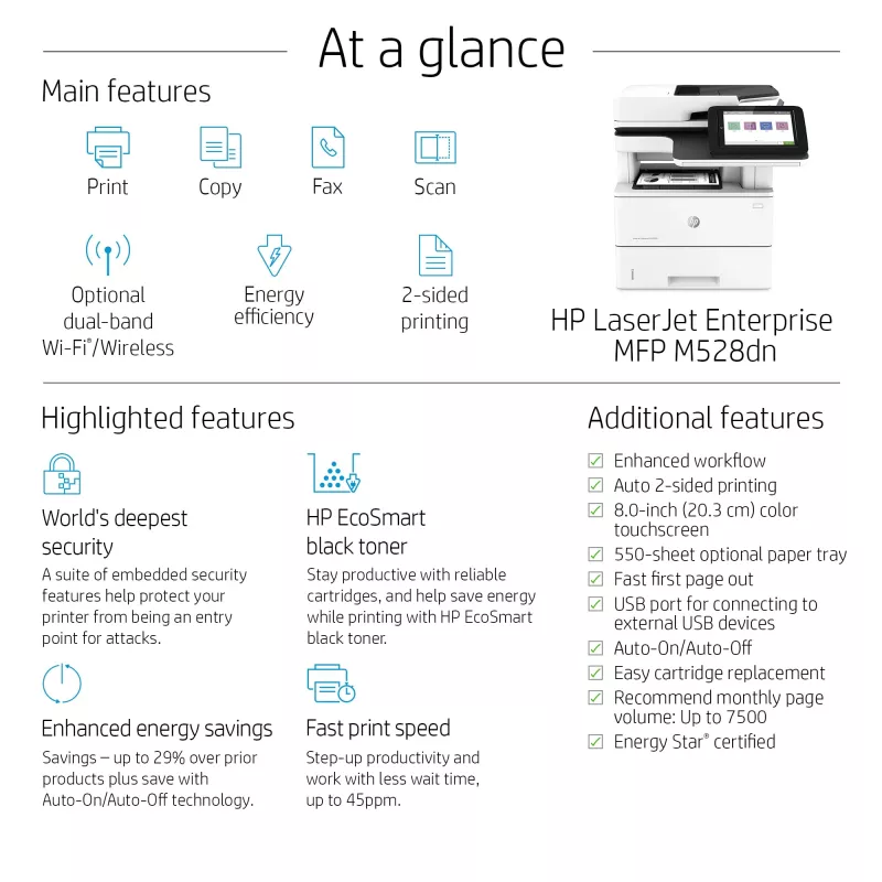 HP LaserJet Enterprise MFP M528dn, lazerinis, vienspalvis spausdinimas, 1200 x 1200 DPI, A4, tiesioginis spausdinimas, juoda, balta