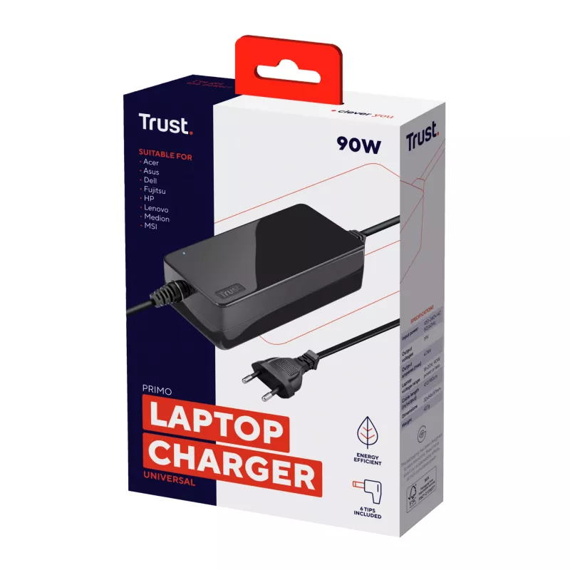 Trust Primo Universal 90W nešiojamojo kompiuterio įkroviklis, Nešiojamasis kompiuteris, Vidinis, 100 - 240 V, 50/60 Hz, 90 W, 19 V