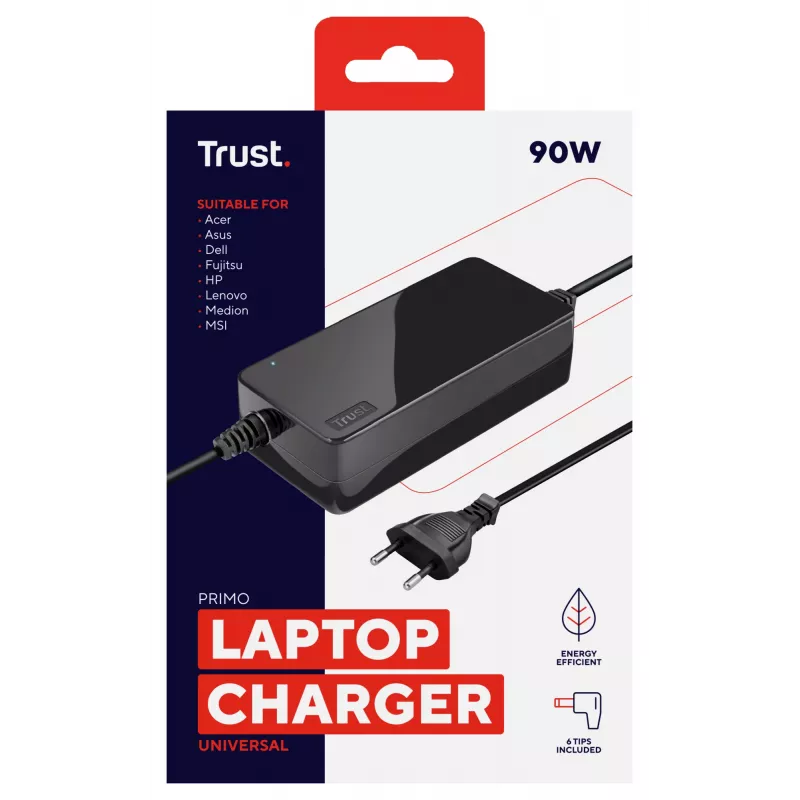 Trust Primo Universal 90W nešiojamojo kompiuterio įkroviklis, Nešiojamasis kompiuteris, Vidinis, 100 - 240 V, 50/60 Hz, 90 W, 19 V