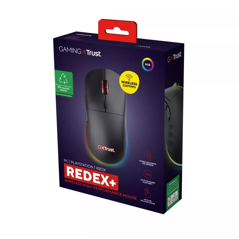 „Trust GXT 927 Redex+“ pelė, žaidimų, dešiniarankiams, RF belaidė + USB A tipo, lazerinė, 25600 DPI