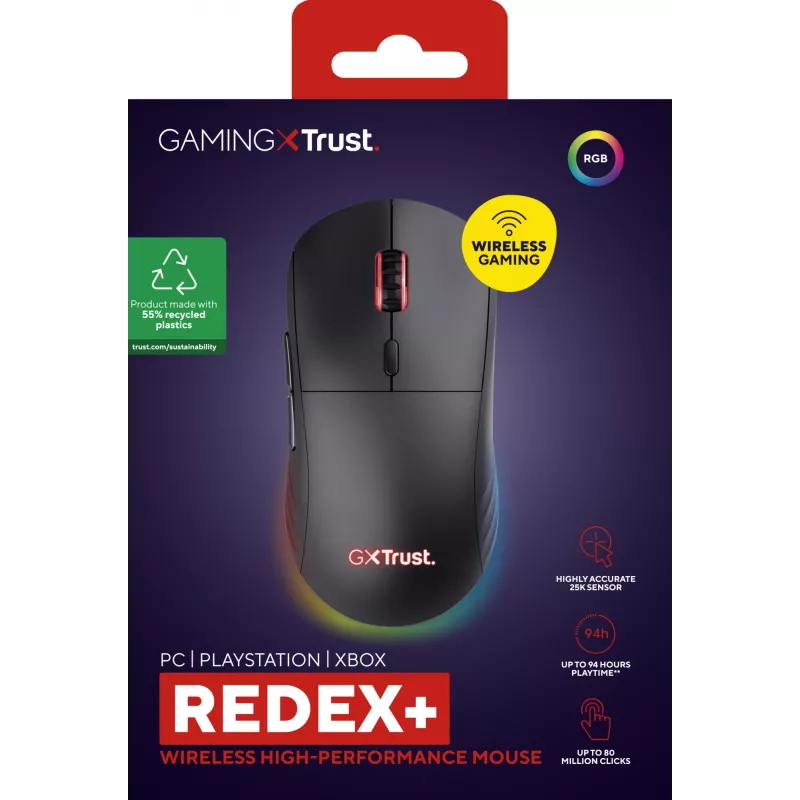„Trust GXT 927 Redex+“ pelė, žaidimų, dešiniarankiams, RF belaidė + USB A tipo, lazerinė, 25600 DPI
