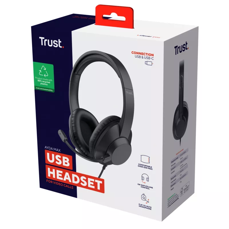 Trust Ayda Max USB ausinės laidinės ant galvos Biuro / skambučių centro USB Type-C / USB Type-A juodos