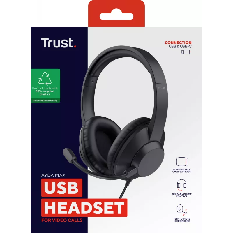 Trust Ayda Max USB ausinės laidinės ant galvos Biuro / skambučių centro USB Type-C / USB Type-A juodos