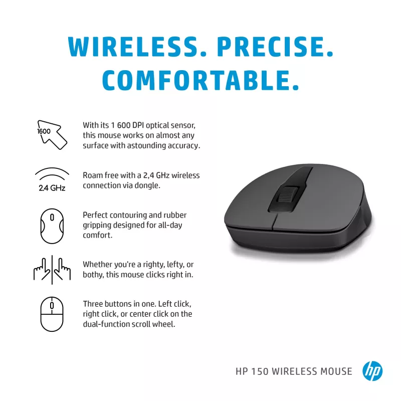 HP 150 belaidė pelė, abiem rankoms tinkama, optinė, RF belaidė, 1600 DPI, juoda