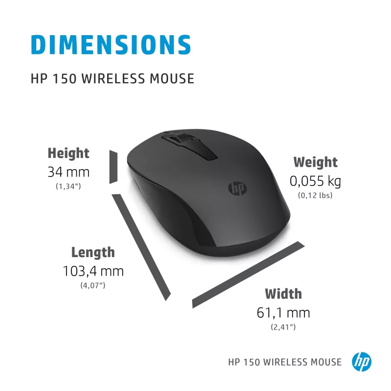 HP 150 belaidė pelė, abiem rankoms tinkama, optinė, RF belaidė, 1600 DPI, juoda