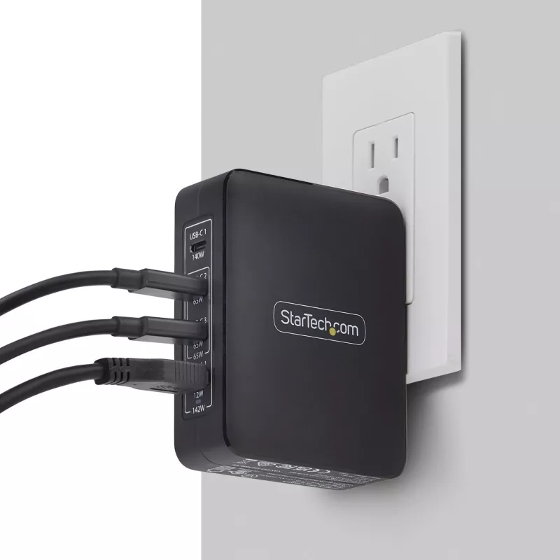 StarTech.com 140W USB-C sieninis įkroviklis, 3x USB-C/1x USB-A, PD 3.1 tarptautinis GaN maitinimo adapteris, skirtas MacBook / Dell XPS / Inspiron