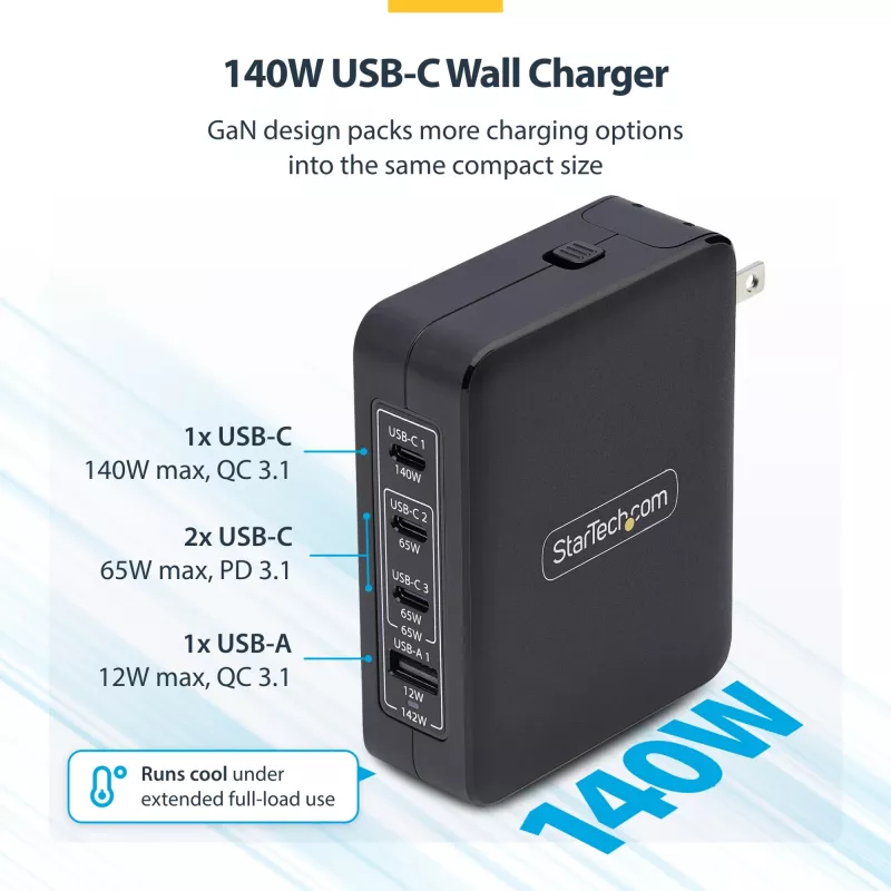 StarTech.com 140W USB-C sieninis įkroviklis, 3x USB-C/1x USB-A, PD 3.1 tarptautinis GaN maitinimo adapteris, skirtas MacBook / Dell XPS / Inspiron