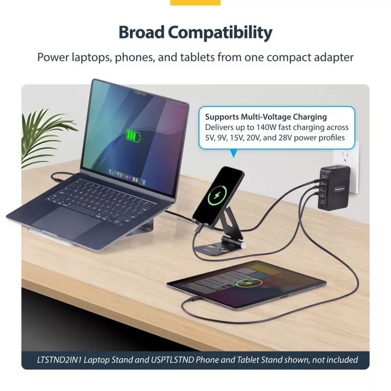 StarTech.com 140W USB-C sieninis įkroviklis, 3x USB-C/1x USB-A, PD 3.1 tarptautinis GaN maitinimo adapteris, skirtas MacBook / Dell XPS / Inspiron