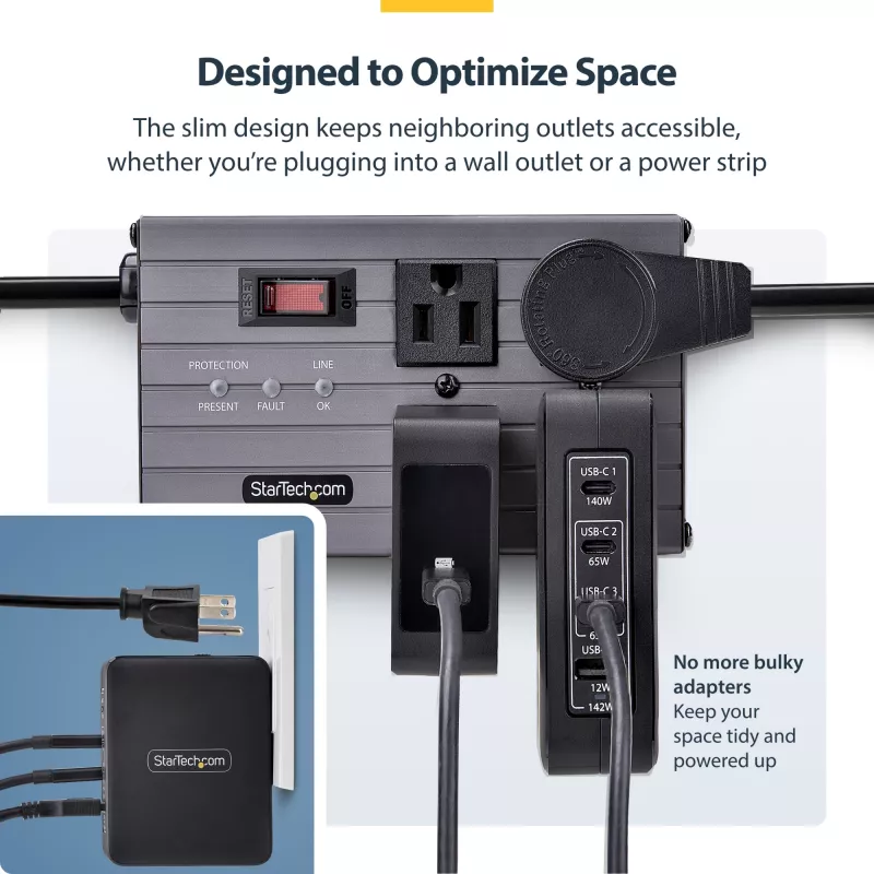 StarTech.com 140W USB-C sieninis įkroviklis, 3x USB-C/1x USB-A, PD 3.1 tarptautinis GaN maitinimo adapteris, skirtas MacBook / Dell XPS / Inspiron