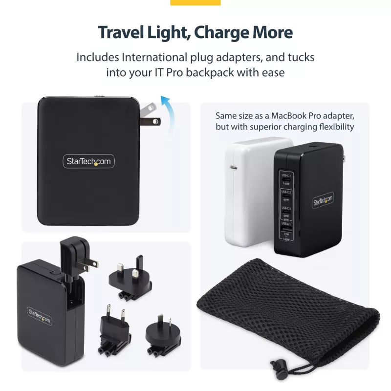 StarTech.com 140W USB-C sieninis įkroviklis, 3x USB-C/1x USB-A, PD 3.1 tarptautinis GaN maitinimo adapteris, skirtas MacBook / Dell XPS / Inspiron