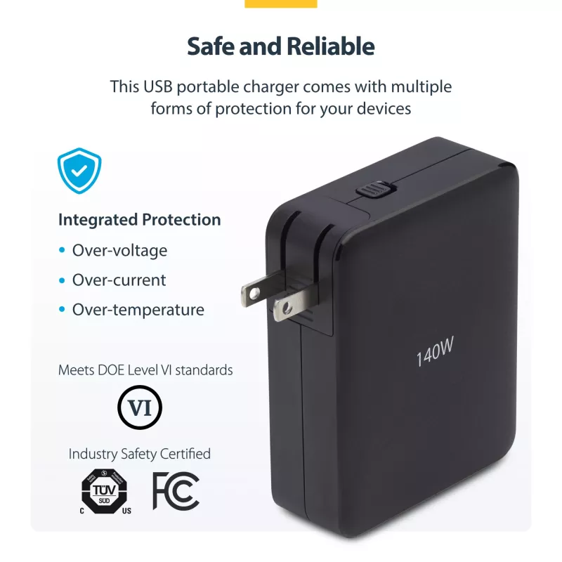 StarTech.com 140W USB-C sieninis įkroviklis, 3x USB-C/1x USB-A, PD 3.1 tarptautinis GaN maitinimo adapteris, skirtas MacBook / Dell XPS / Inspiron