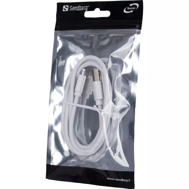 Sandberg MicroUSB sinchronizavimo ir įkrovimo laidas 1 m SAVER, 1 m, Micro-USB A, USB A, Balta