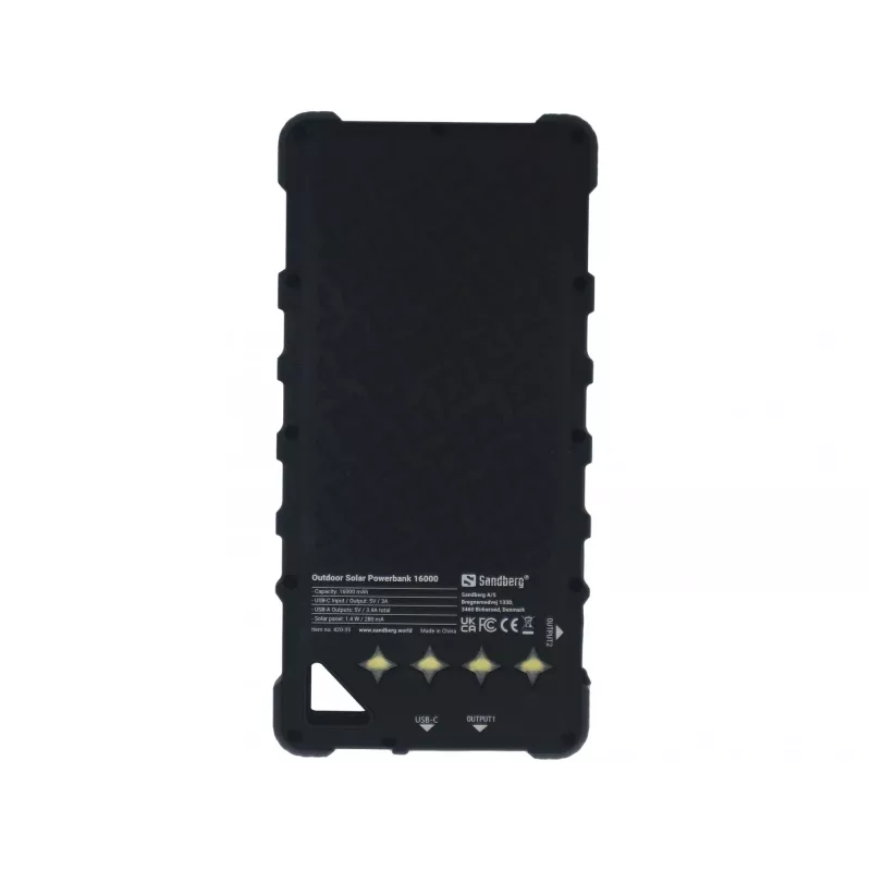 „Sandberg Outdoor Solar Powerbank 16000“, 16000 mAh, ličio jonų (Li-Ion), juoda