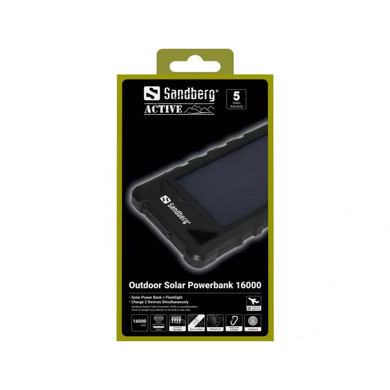 „Sandberg Outdoor Solar Powerbank 16000“, 16000 mAh, ličio jonų (Li-Ion), juoda