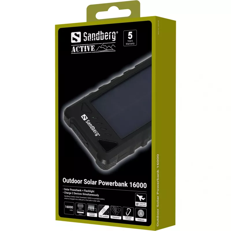 „Sandberg Outdoor Solar Powerbank 16000“, 16000 mAh, ličio jonų (Li-Ion), juoda