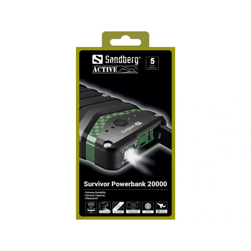 Sandberg Survivor Powerbank 20000, 20000 mAh, ličio jonų (Li-Ion), juoda, žalia