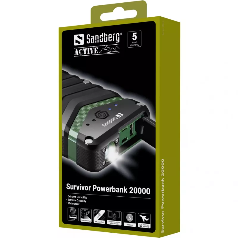 Sandberg Survivor Powerbank 20000, 20000 mAh, ličio jonų (Li-Ion), juoda, žalia