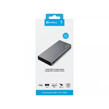 Sandberg išorinė baterija USB-C PD 100W 20000, 20000 mAh, ličio jonų (Li-Ion), Quick Charge 3.0, 100 W, pilka