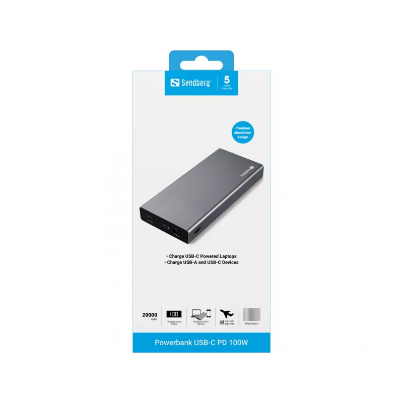 Sandberg išorinė baterija USB-C PD 100W 20000, 20000 mAh, ličio jonų (Li-Ion), Quick Charge 3.0, 100 W, pilka