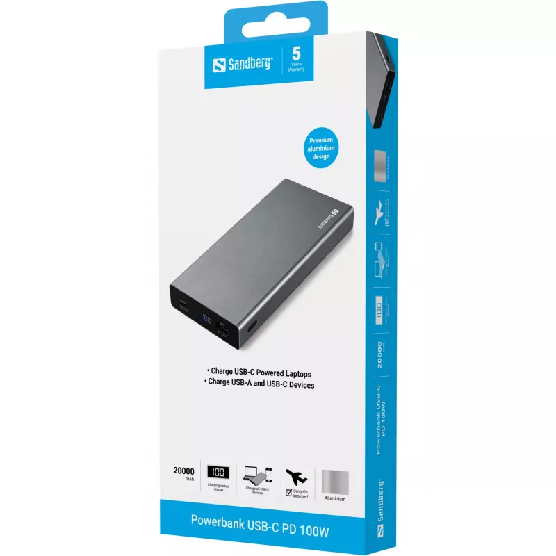 Sandberg išorinė baterija USB-C PD 100W 20000, 20000 mAh, ličio jonų (Li-Ion), Quick Charge 3.0, 100 W, pilka