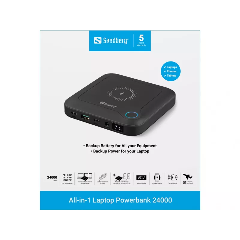Sandberg All-in1 Laptop Powerbank 24000, 24000 mAh, Quick Charge 2.0, belaidis įkrovimas, juoda