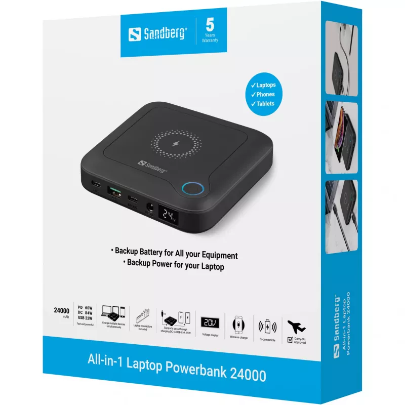 Sandberg All-in1 Laptop Powerbank 24000, 24000 mAh, Quick Charge 2.0, belaidis įkrovimas, juoda