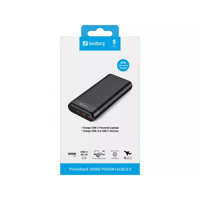 Sandberg Powerbank 20000 PD65W+2xQC3.0, 20000 mAh, ličio jonų (Li-Ion), Quick Charge 3.0, 65 W, juoda